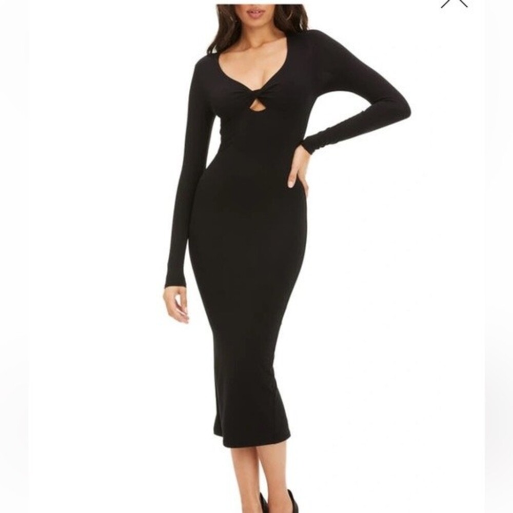 Good American NWT Twist Cutout Black Midi Dress Size 0 Bodycon Sheath Dress